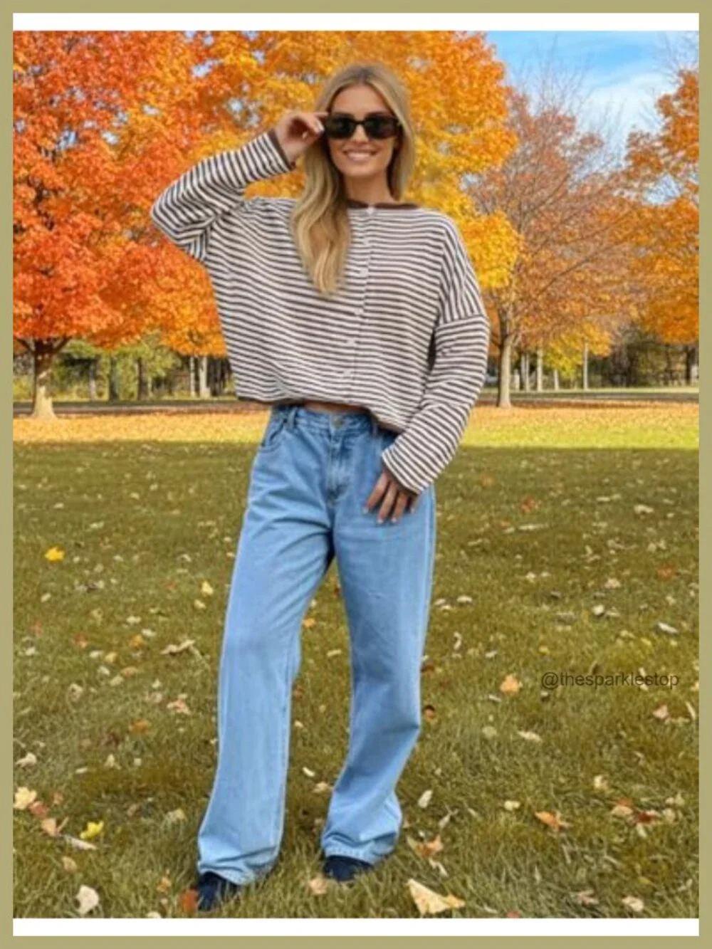 Women's Striped Button Up Cardigan Sweater Long Sleeve Knit Crew Neck